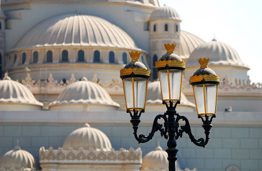 street lamp in front of a beautiful mosque in Sharjah UAE