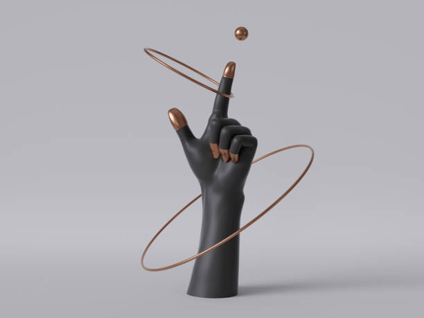 istock 3d render, black decorative female mannequin hand isolated on white background, finger pointing up, spinning golden rings, body part, fashion concept, esoteric fortuneteller, clean minimal design 1175771143