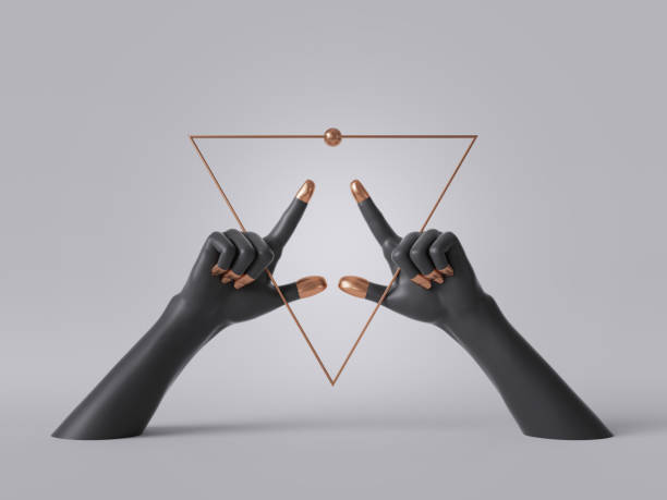 istock 3d render, black decorative female mannequin hands isolated on white background, golden triangle frame, fingers pointing up, body parts, fashion concept, esoteric fortuneteller, clean minimal design 1175771188