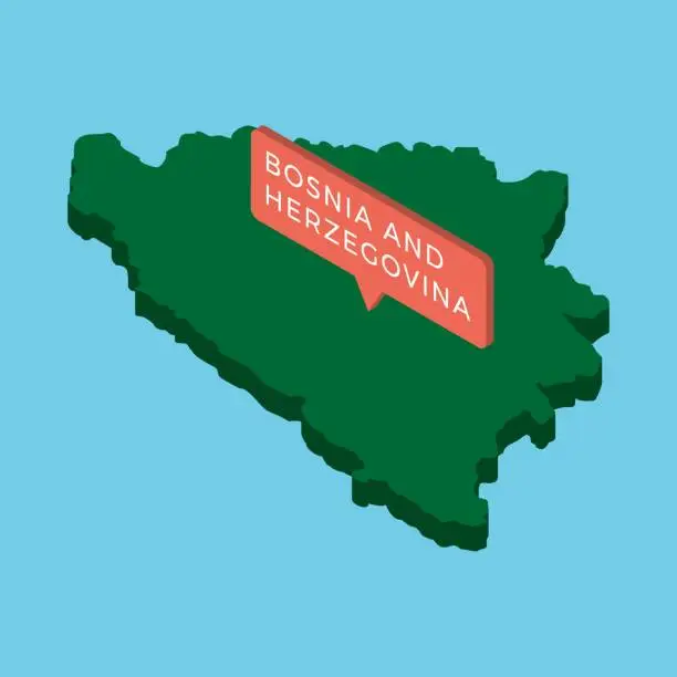 Vector illustration of green isometric map of country bosnia and herzegovina with pointer on blue background. realistic 3d vector concept map easy to edit and customize. eps 10