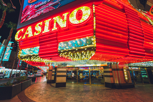 A huge illuminated casino entrance sign on the Fremont Street promenade Las Vegas, Navada. The Fremont Street promenade 