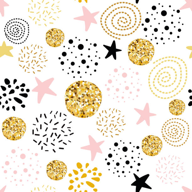 Vector seamless pattern polka dot stars abstract ornament decorated golden, pink, black hand drawn elements Cute seamless pattern polka dot stars abstract ornament decorated golden, pink, black hand drawn circles, round shapes Vector illustration for wallpaper wrap Gold dots sparkles shining dots background drawing of pink and black polka dot wallpaper stock illustrations