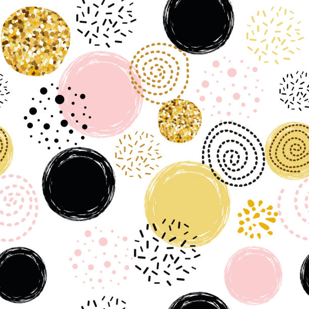 Vector seamless pattern polka dot abstract ornament decorated golden, pink, black hand drawn elements Cute seamless pattern polka dot abstract ornament decorated golden, pink, black hand drawn circles, round shapes Vector illustration for wallpaper, wrap Gold dots, sparkles, shining dots background drawing of pink and black polka dot wallpaper stock illustrations
