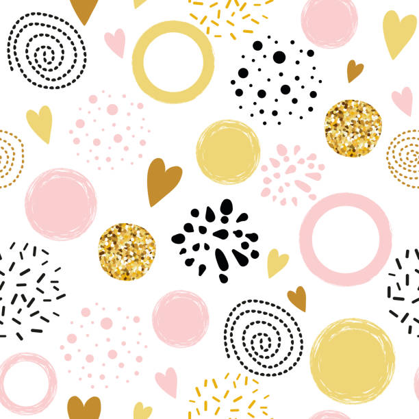 Vector seamless pattern polka dot abstract ornament decorated golden, pink, black hand drawn round shapes Cute seamless pattern polka dot abstract ornament decorated golden, pink, black hand drawn circles, round shapes Vector illustration for wallpaper, wrap Gold dots, sparkles, shining dots background drawing of pink and black polka dot wallpaper stock illustrations