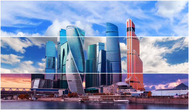 istock Striped collage of high buildings with light reflections in riverside water under dramatic sunset sky in Moscow city district 1175775890