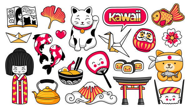 가와이이 일본 소녀, 마네키 네코, 잉어, 종이 접기, 후지, 초밥, 만화, 진코 잎, 타이야키 생선. 만화 스티커, 패치, 배지, 핀 의 집합입니다. 벡터 그림입니다. - 일본 일러스트 stock illustrations