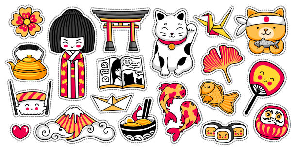 ilustrações, clipart, desenhos animados e ícones de jogo de etiquetas japonesas dos desenhos animados do kawaii. boneca de kokeshi, maneki-neko, carpas, origami, fuji, sushi, manga, folha do ginko, peixes do taiyaki, torii. ilustrações do vetor. - tetsubin teapot