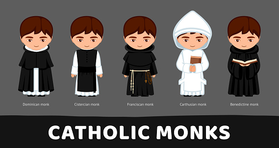 Catholic monks. Carthusians, Franciscans, Cistercians, Benedictines, Dominicans. Set of cartoon characters. Vector flat illustration.