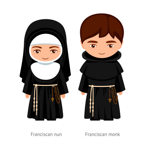 Franciscan monk and nun. Catholics. Religious man and woman. Cartoon character. Vector illustration. Franciscan monk and nun. Catholics. Religious man and woman. Cartoon character. Vector illustration. cloister stock illustrations