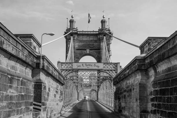 John A. Roebling Suspension Bridge Photo of a suspension bridge in Cincinnati, Ohio. ohio river photos stock pictures, royalty-free photos & images