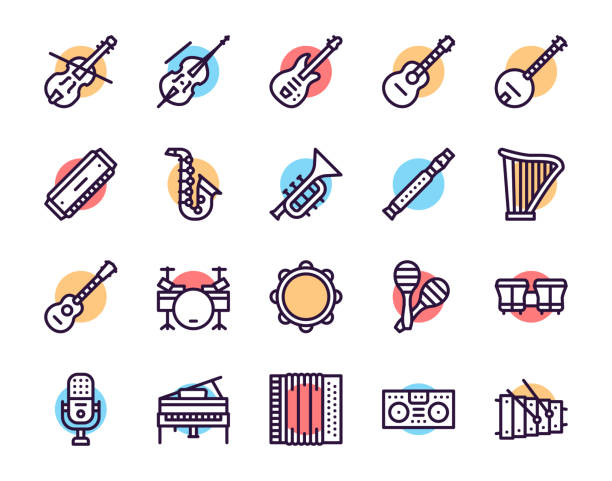 Musician equipment colorful linear icons set Musician equipment colorful linear icons set. Classic, rock, jazz and country music thin line contour symbols. Stringed, wind and percussion instruments isolated vector outline illustrations musical equipment stock illustrations