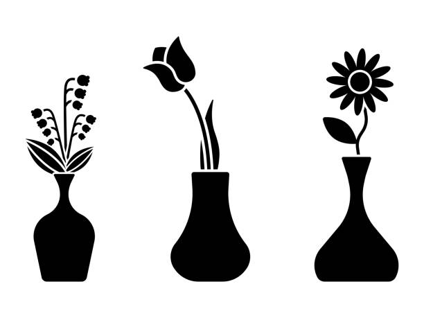 花のアイコン、記号、記号、黒と白のベクトルセット。花瓶フラットシンプルなスタイルの花のグループ - bouquet backgrounds spring tulip点のイラスト素材／クリップアート素材／マンガ素材／アイコン素材