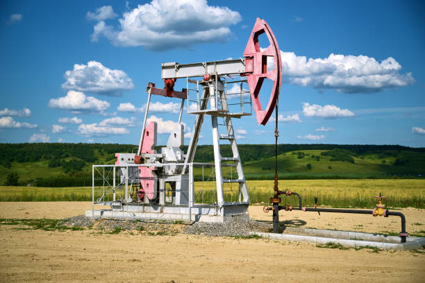 istock Oil pump, field, blue cloudy sky 1175788120