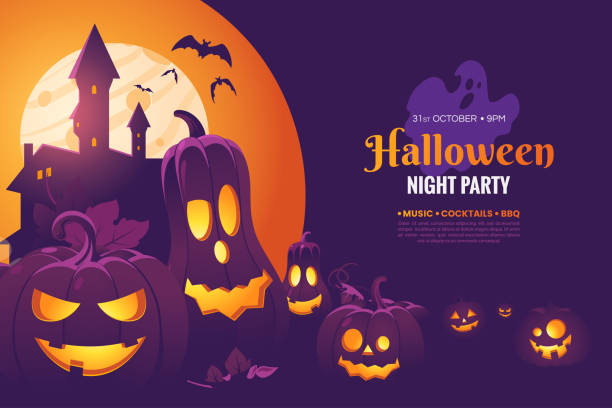 illustrations, cliparts, dessins animés et icônes de conception d'affiche d'invitation de partie de nuit d'halloween. illustration d'halloween avec les citrouilles effrayantes, château dans le clair de lune et chauves-souris volantes. fond effrayant pour votre conception de vacances. vector eps 10 - halloween decoration