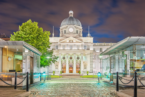 Stock photograph of the main facade of the Merrion Street Government Buildings in Dublin Ireland at night