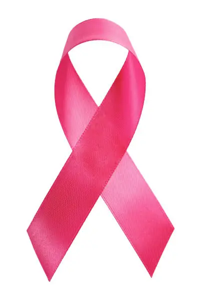 Photo of Pink ribbon isolated on white background. Breast Cancer Awareness Month