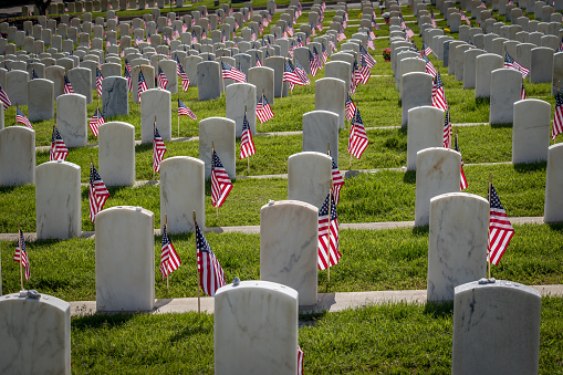 Military grave markers decorated with American flags for Memorial Day