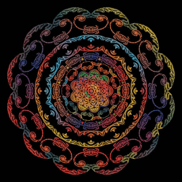 istock Embroidery Baroque mandala pattern. Vector colorful tapestry floral round ornament. Grunge texture. Embroidered flowers, leaves, scrolls. Vintage decorative surface textured design. Stitching effect 1175797352