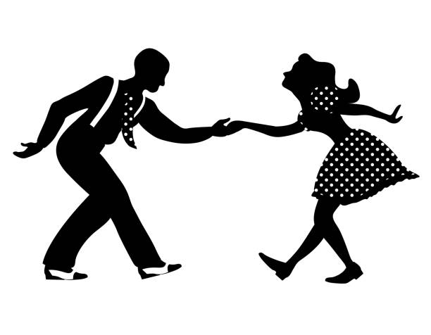 Swing dance negative couple silhouette Swing dance negative couple silhouette. Black and white colors. 1940s and 1930s style. Woman in dress with dots and man with suspenders and tie. Flat vector illustration. lindy hop stock illustrations