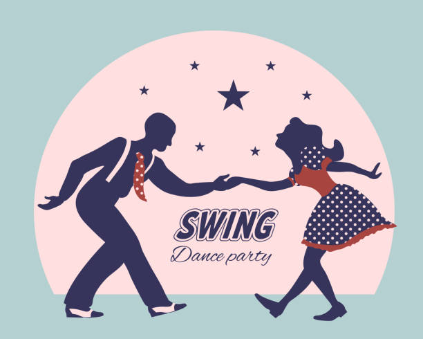 ilustraciones, imágenes clip art, dibujos animados e iconos de stock de silueta de pareja de baile swing - bailar el swing