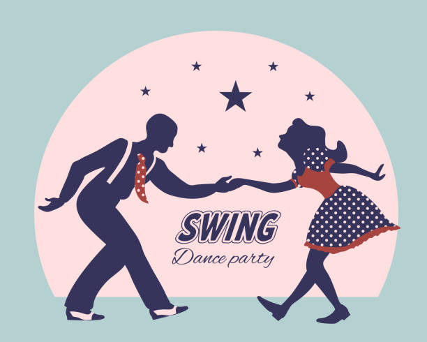 Swing dance couple silhouette Swing dance couple silhouette with stars and circle on background. 1940s and 1930s style. Woman in dress with dots and man with suspenders and tie. Flat vector illustration. swing dancing stock illustrations