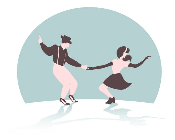 Swing dance couple silhouette Swing dance couple silhouette on a green background with gradient shadow lindy hop stock illustrations