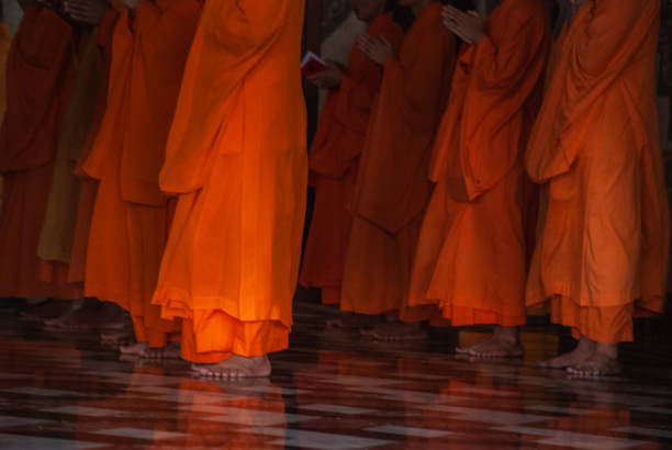Bangkok, Thailand - 18 Aug 2019 : Chinese monks praying for buddhism worship inside Wat Bhoman Khunaram (Bhoman Khunaram Temple).
