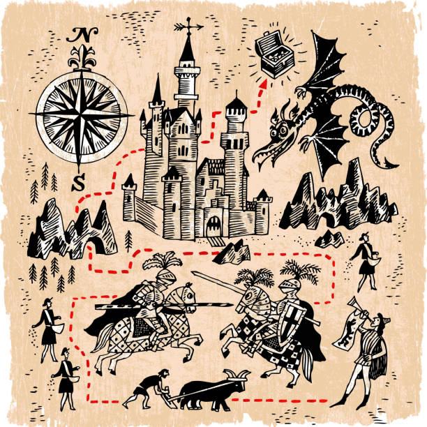 illustrazioni stock, clip art, cartoni animati e icone di tendenza di medievale unito mappa con cavalieri, i castelli e dragons - wood stain illustrations