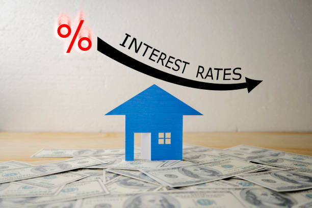 l'illustrazione nera mostra la diminuzione dei tassi di interesse / concetto finanziario - interest rate loan finance government foto e immagini stock