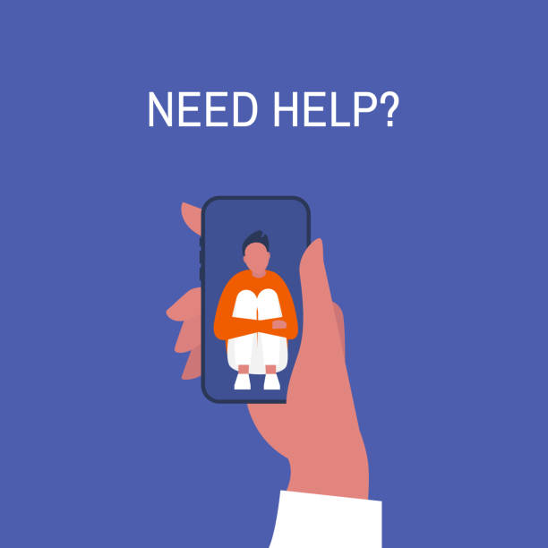 ilustrações de stock, clip art, desenhos animados e ícones de crisis hotline. need help? hand holding a smartphone. new technologies. therapy. appointment. mental health. millennials. young lonely male character hugging his knees. - dependency assistance help advice