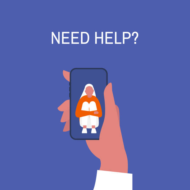 ilustrações de stock, clip art, desenhos animados e ícones de crisis hotline. need help? hand holding a smartphone. new technologies. therapy. appointment. mental health. millennials. young lonely female character hugging her knees. - dependency assistance help advice