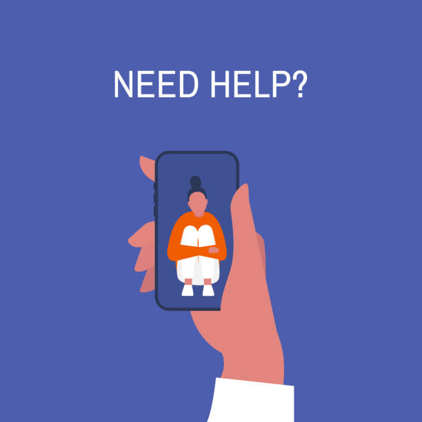 ilustrações de stock, clip art, desenhos animados e ícones de crisis hotline. need help? hand holding a smartphone. new technologies. therapy. appointment. mental health. millennials. young lonely female character hugging her knees. - dependency assistance help advice