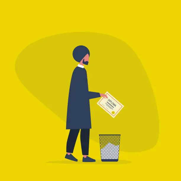 Vector illustration of Education crisis. Disappointed male graduate throwing out the diploma in a trash bin. Flat editable vector illustration, clip art