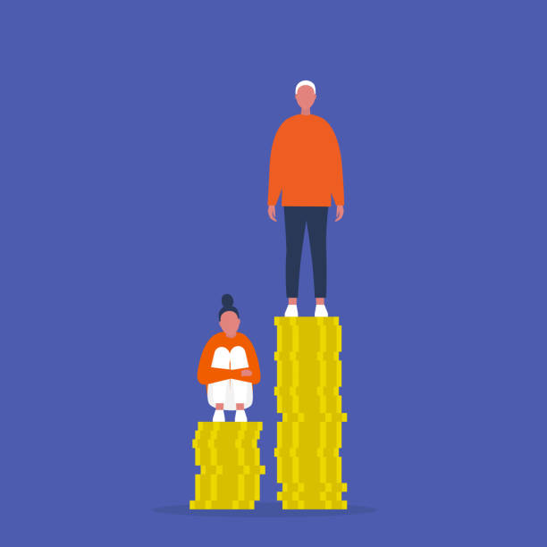 Inequality. Characters sitting and standing on the stacks of coins. Different salaries. Career opportunities. Discrimination. Sexism Inequality. Characters sitting and standing on the stacks of coins. Different salaries. Career opportunities. Discrimination. Sexism equity vs equality stock illustrations
