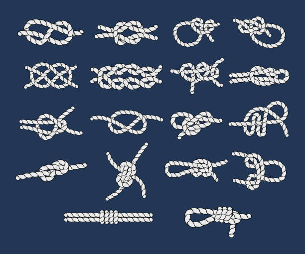 lina morska i węzeł morski, granice sznurów, wektor pętli morskiej - tied knot rope reef knot isolated stock illustrations