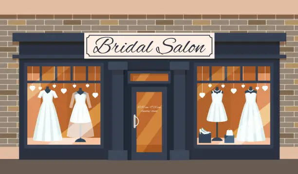 Vector illustration of Vintage wedding shop store facade with large window, columns