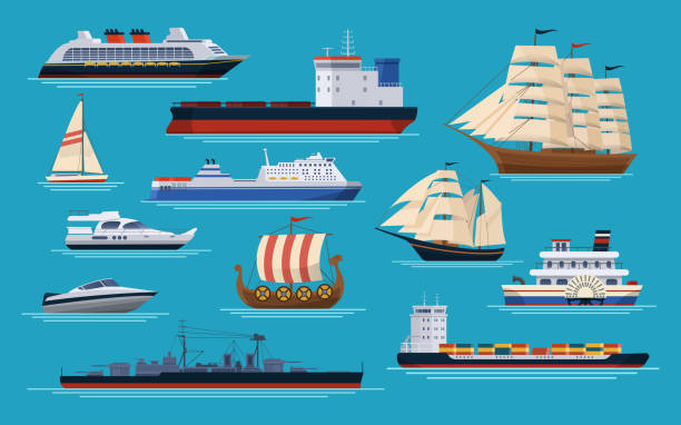 Maritime ships at sea, shipping boats, ocean transport. Maritime ships at sea, shipping boats, ocean transport. Marine carriage sea cargo via boat brigantine steamboat container ship dragcar battleship ferry boat tanker yacht cruise liner vector set sailing ship stock illustrations