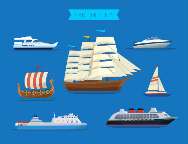 illustrazioni stock, clip art, cartoni animati e icone di tendenza di navi marittime in mare, navi da trasporto, trasporto oceanico. - ferry container ship cruise sailing ship