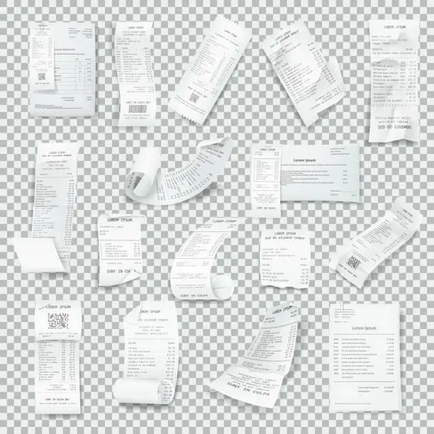 Vector illustration of Rumpled realistic receipt set. Paper receipts with payment,