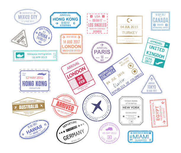 Stamp in passport for traveling an open passport Stamp in passport for traveling an open passport. International arrival visa stamps vector set paris london mexico hawaii turkey united kingdom tokyo egypt hong kong passport stamp stock illustrations