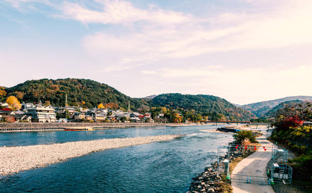 Japanese riverside at Uji-gawa river in autumn. stock photo