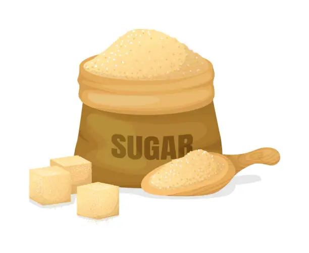 Vector illustration of Sugar of Sugarcane with a scoop, burlap sack, crystal sugar