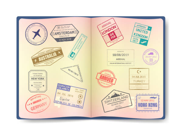 ilustrações, clipart, desenhos animados e ícones de carimbe no passaporte para viajar um passaporte aberto - postage stamp postmark mail paris france