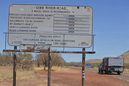 Kununurra, Western Australia - September 01 2019:Gibb River Road Kimberley Western Australia.Gibb River Road has scenic views of geological formations and natural scenery, aboriginal history and rare unique fauna and flora.