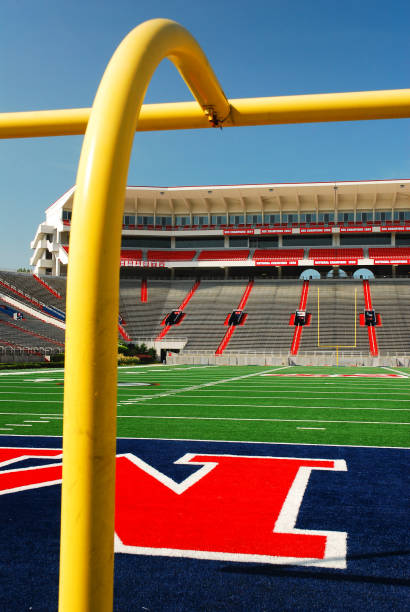 The goal post and end zone of the Vaught Hemingway Stadium at the University of Mississippi Oxford, MS, USA July 21, 2010 The goal post stands upright at the end zone of the Vaught Hemingway Stadium at the University of Mississippi in Oxford oxford mississippi photos stock pictures, royalty-free photos & images
