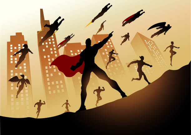 illustrations, cliparts, dessins animés et icônes de vector superhero team running and flying silhouette with city buildings background (en) - superhero human muscle men city