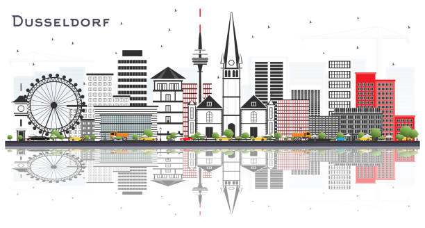 stockillustraties, clipart, cartoons en iconen met düsseldorf duitsland skyline van de stad met kleur gebouwen en reflecties geïsoleerd op wit. - dusseldorf