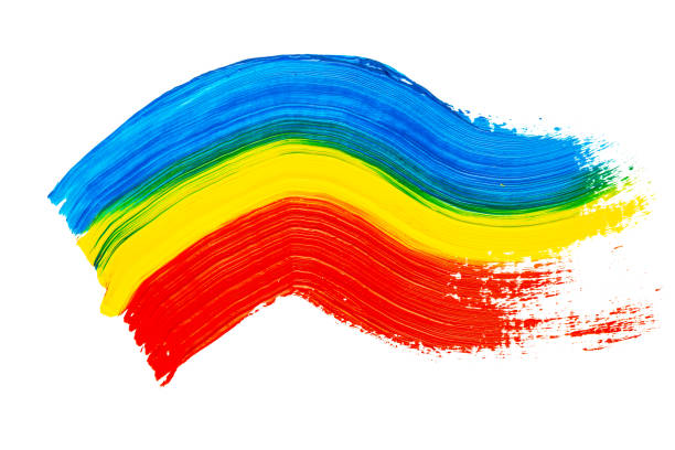 Abstract multicolored real oil painting brush strokes isolated on white background, painted with blue, yellow and red oil color by hand.