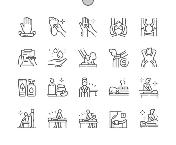 ilustraciones, imágenes clip art, dibujos animados e iconos de stock de salón de masajes bien hecho pixel perfect vector thin line icons 30 2x cuadrícula para gráficos web y aplicaciones. pictograma mínimo simple - physical therapy