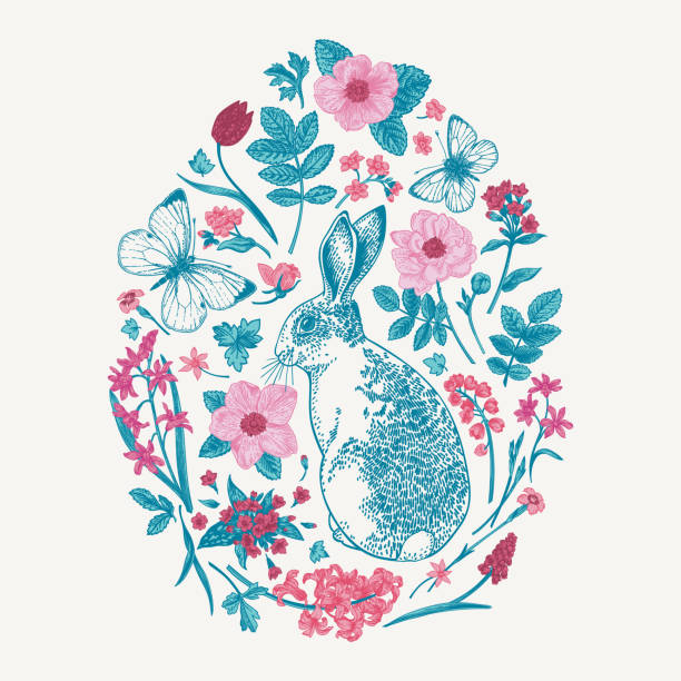 花の動物の楕円形の構成。 - floral pattern butterfly easter easter egg点のイラスト素材／クリップアート素材／マンガ素材／アイコン素材